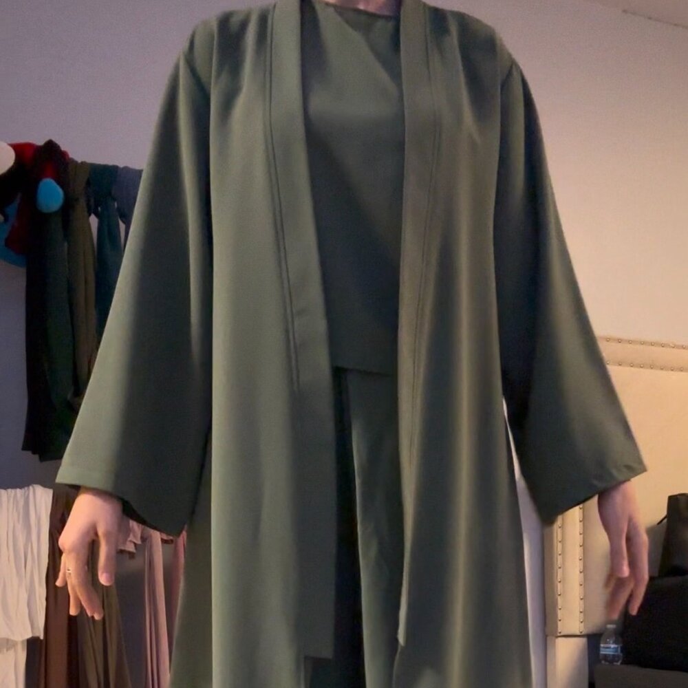 Three piece modest outfit set , comes with pants, long jacket, and cropped shirt